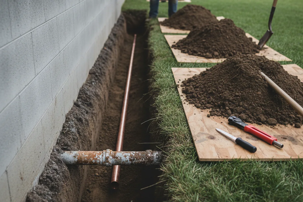 Excavated water line trench during Sewer Line Repair in Farmingdale